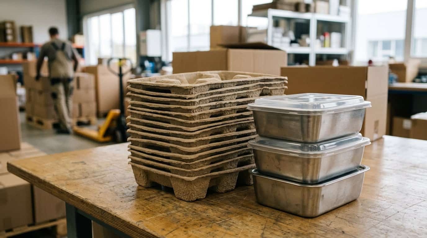 Three 2026 redesigns: fiber trays, metal reuse, lighter PET