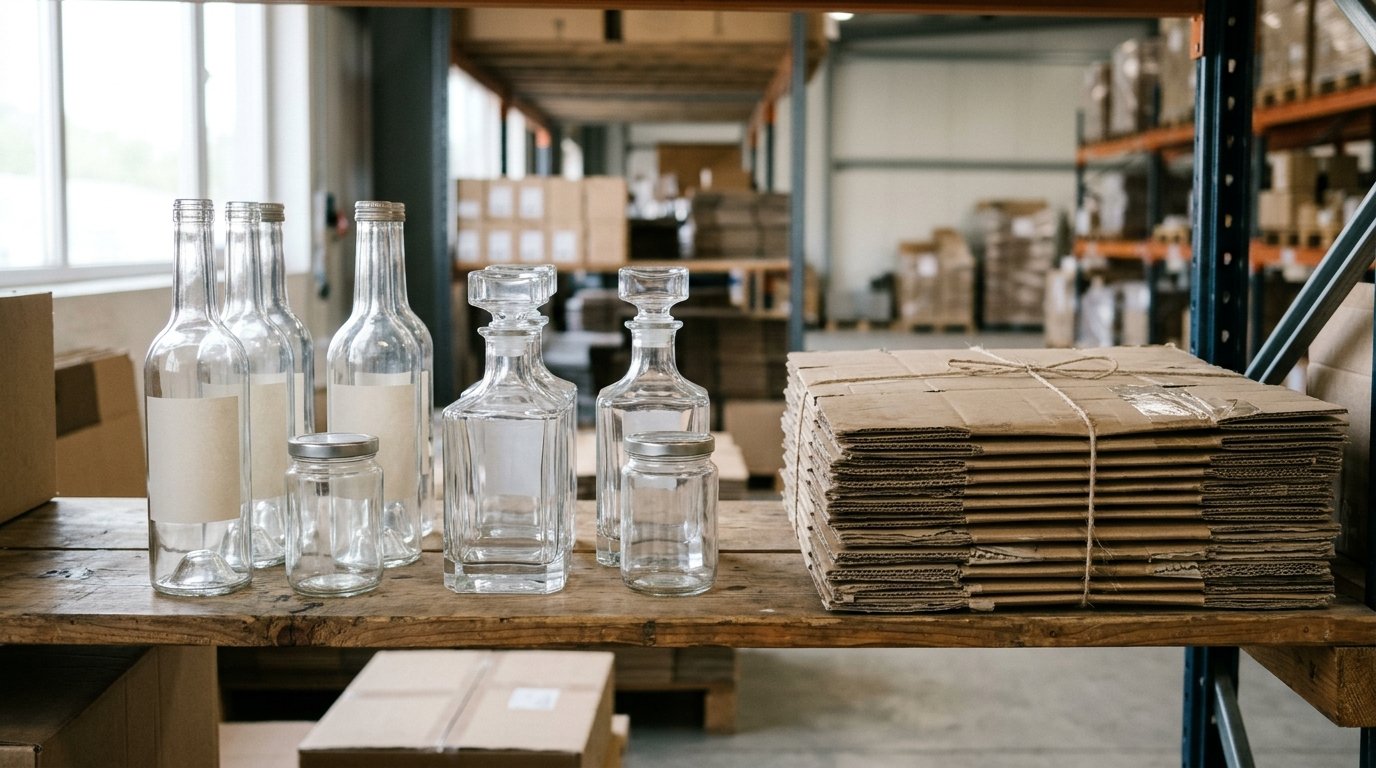 Plain clear glass bottles and heavy decanters on a wooden shelf next to stacked flattened cardboard boxes in a bright warehouse.